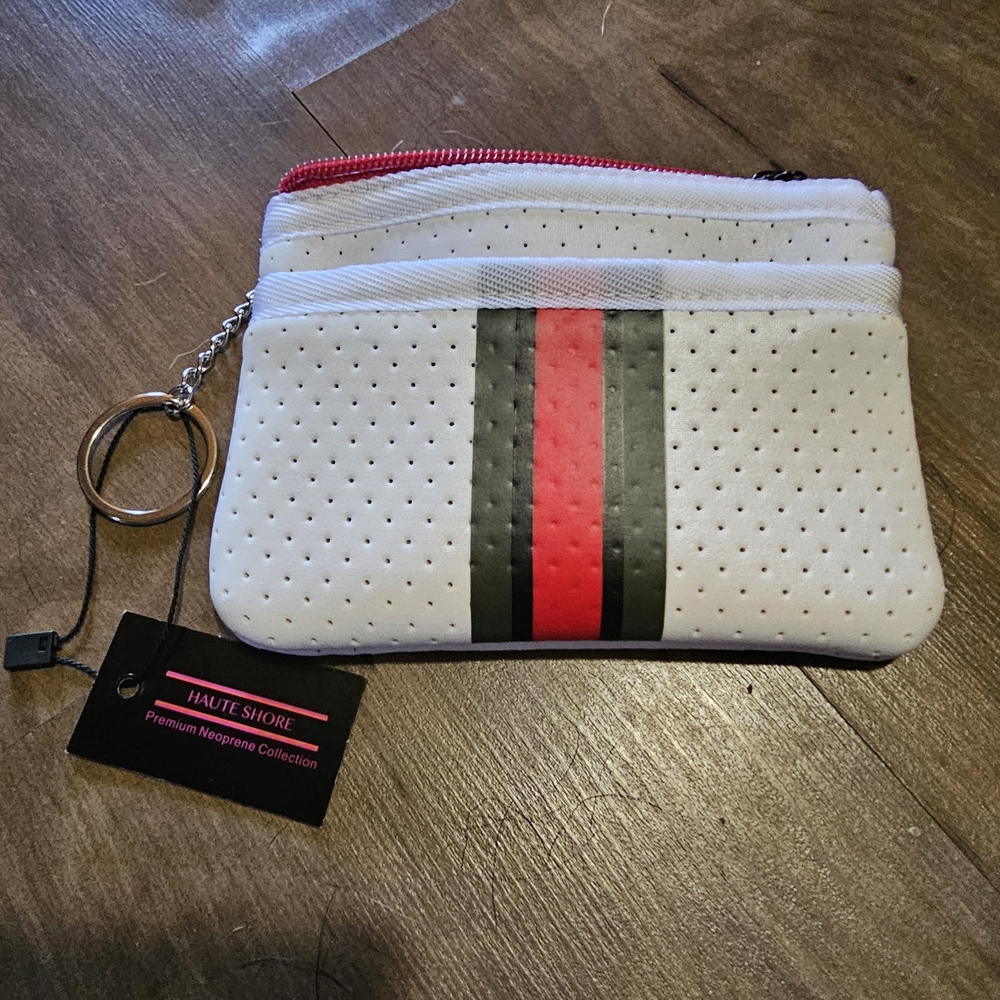 HAUTE SHORE White Clutch with Black and Red Stripes